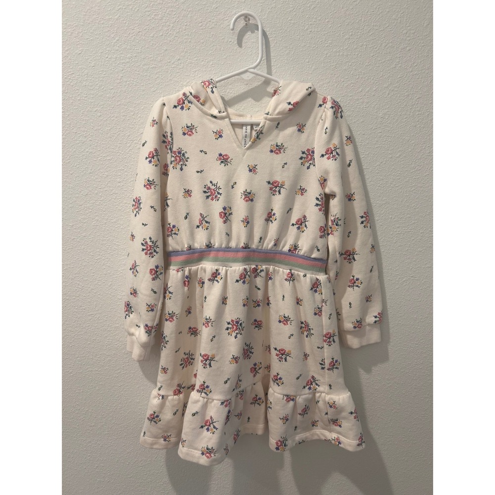 Janie and Jack Girls Floral Hooded Fleece Dress Cream Size 6 Rainbow‎ Waistband